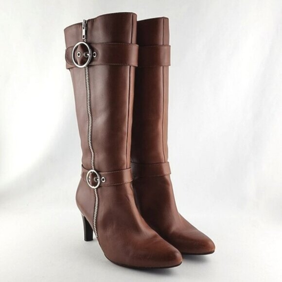 ECCO Tall Tan Brown Leather Heeled Boots Strap  Buckle Zip Feature Size 37 - Picture 2 of 16